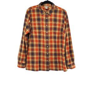 Duluth Trading Women Yellow Plaid Free Swingin Flannel Shirt Back Gusset Size L